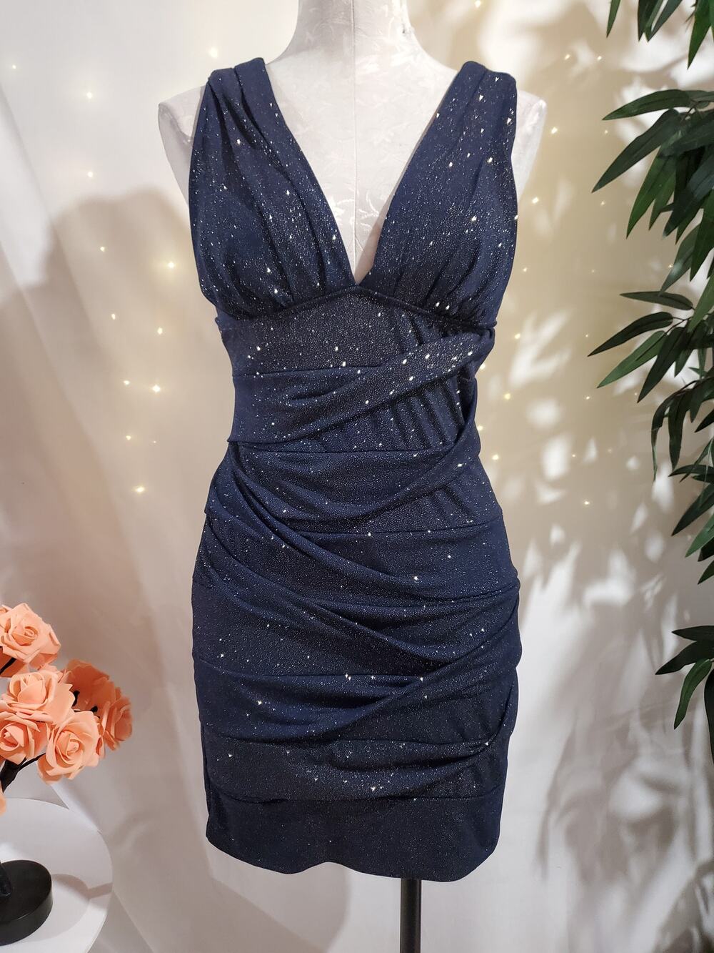 Vtg Deb 90s Y2K Sparkle Bandage Bodycon Dress Womens Junior Size L Blue Glitter